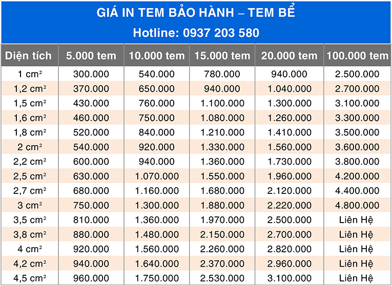 Bảng giá in tem bảo hành giá rẻ nhất